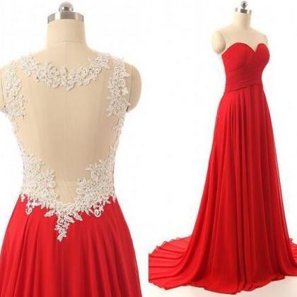 Red Chiffon Sheer Neck Prom Dress A Line Prom..