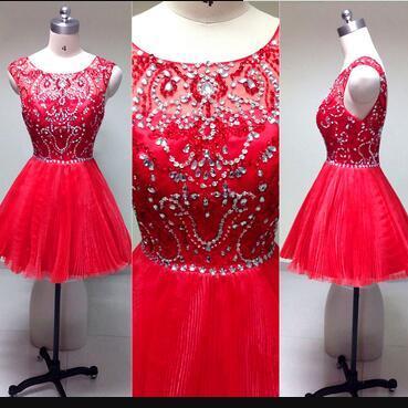 Fashion Red Tulle Beaded Scoop Neck Short..