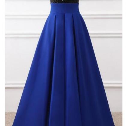 Royal Blue Satin A Line Prom Dresses Black Sequin..