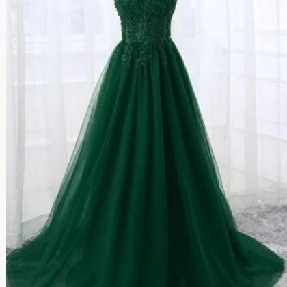 Green Tulle Lace Prom Dresses Caped Sleeve Custom..