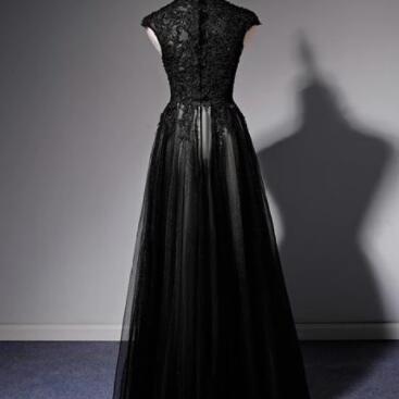 Black High Neck Lace A Line Long Prom Dresses..