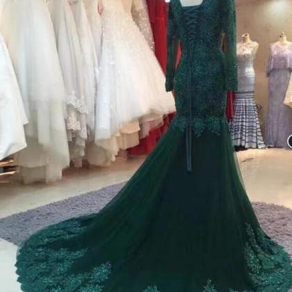 Sexy V-neck Green Tulle Lace Mermaid Evening..