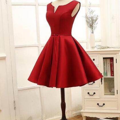 Dark Red Satin Short Homecoming Dress A Line Prom..