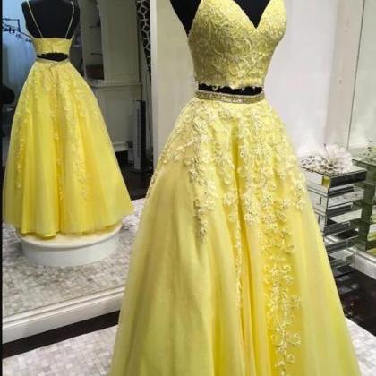 Two Pieces Yellow Lace Prom Dresses Two Pieces..