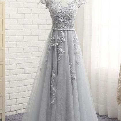 Sexy A Line Silver Lace Long Prom Dresses Custom..