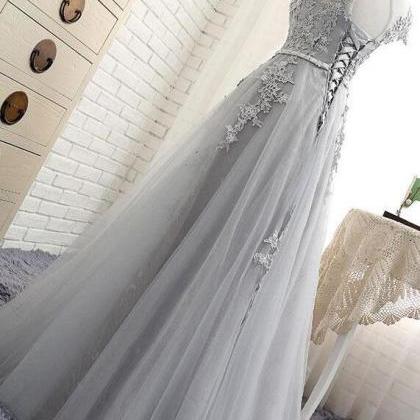 Sexy A Line Silver Lace Long Prom Dresses Custom..