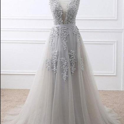 Plus Size Silver Lace Appliqued Long Prom Dresses..