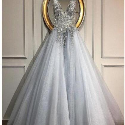 Fashion Silver Satin Beaded A Line Long Prom..