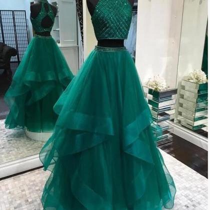 Luxury Beaded Emerland Green Tulle A Line Long..