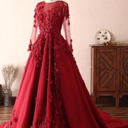 Plus Size Red Satin Floral Lace Ball Gown..