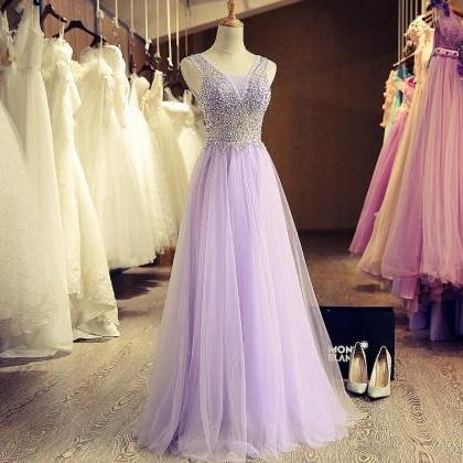 Sparkly Lavender Tulle V-neck Beaded Long Prom..
