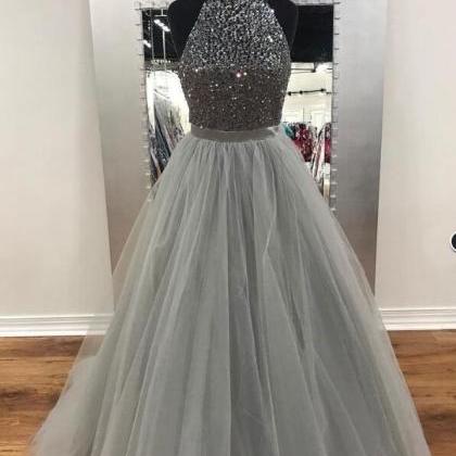 Luxury Beaded Halter Tulle Long Prom Dress A Line..