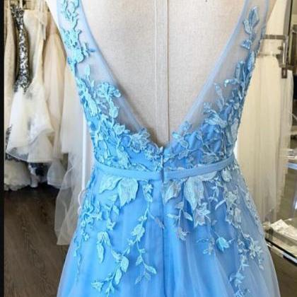 Blue Lace A Line Long Prom Dress 2020 Custom Made..