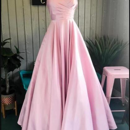 Pink Satin A Line Long Prom Dresses Custom Made..