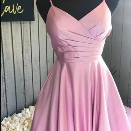Pink Satin A Line Long Prom Dresses Custom Made..
