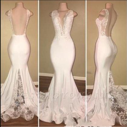 Plus Size Sexy Backless White Lace Mermaid Prom..