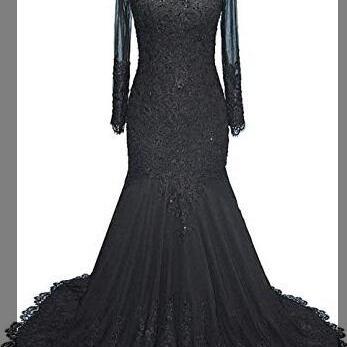 Custom Made Black Tulle Lace Appliqued Mermaid..