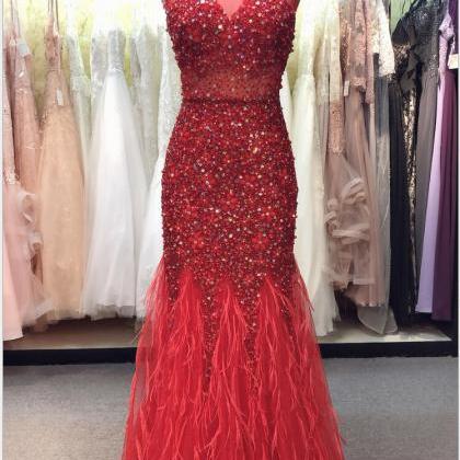 Luxury Beaded Crystal Red Tulle Mermaid Prom Dress..