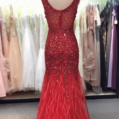 Luxury Beaded Crystal Red Tulle Mermaid Prom Dress..