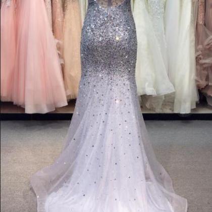 Luxury Beaded Crystal Tulle Mermaid Prom Dress..