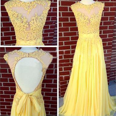 Plus Size Scoop Yellow Lace Formal Evening Dress..