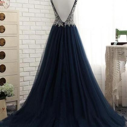 Luxury Beaded Crystal Navy Blue Tulle Long Prom..