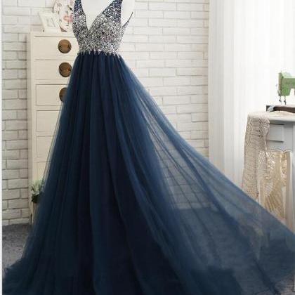 Luxury Beaded Crystal Navy Blue Tulle Long Prom..
