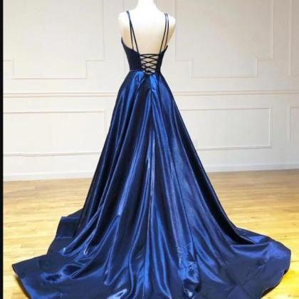 Spaghetti Strap Dark Blue Satin Prom Dress Custom..