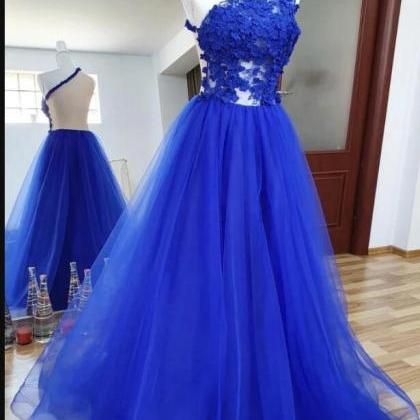 Royal Blue Tulle A Line Long Prom Dresses With..