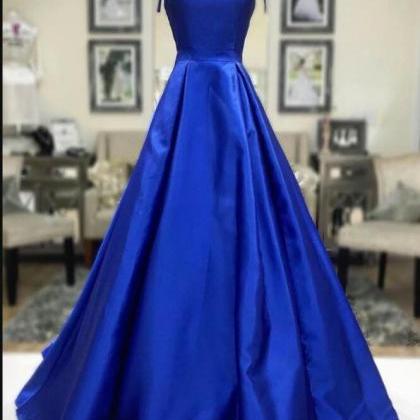 Off Shoulder Royal Blue Satin Long Prom Dresses ,..