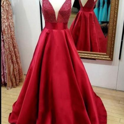 Custom Made V-neck Beaded Long Prom Dress Red..