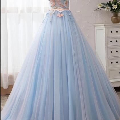 Off Shoulder Light Sky Blue Tulle Long Prom Dress..