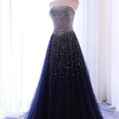 Luxury Beaded Navy Blue A Line Long Prom Dresses..