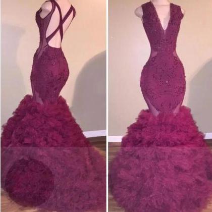 Sexy Burgundy Tulle Lace Beaded Mermaid Prom..