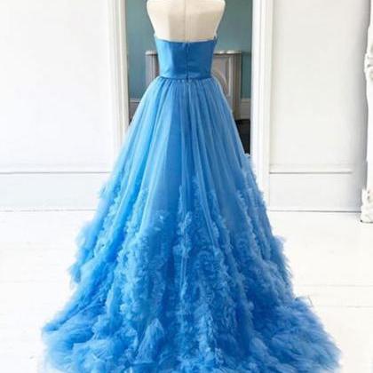 Fashion Blue Tulle A Line Formal Evening Dresses..