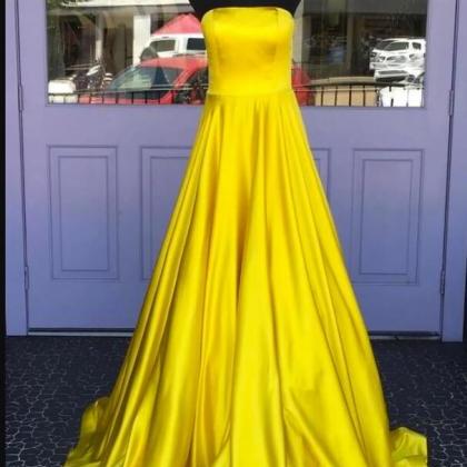 Off Shoulder Yellow Satin A Line Long Prom Dresses..