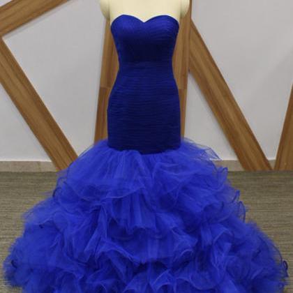 Elegant Royal Blue Ruffle Mermaid Prom Dresses..