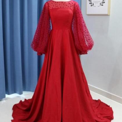 Elegant Red Satin Long Prom Dresses With Wide Long..