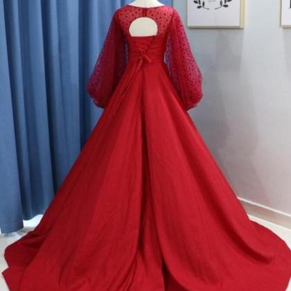 Elegant Red Satin Long Prom Dresses With Wide Long..