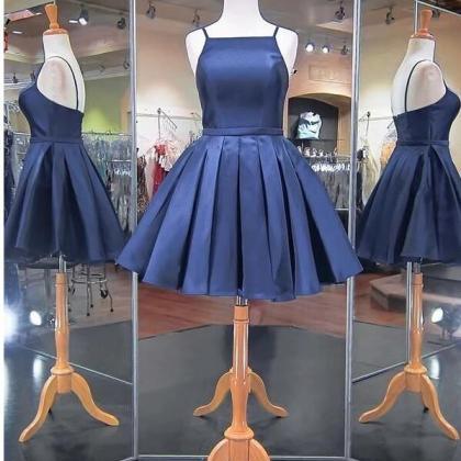 Sexy Navy Blue Satin Ball Gown Homecoming Dress..