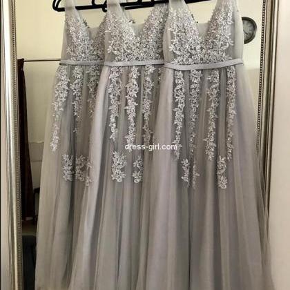 Custom Made Silver Tulle Lace Long Prom Dresses A..