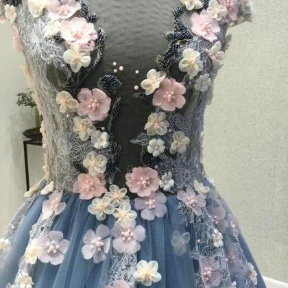 Elegant Scoop A Line Blue Tulle Prom Dresses With..