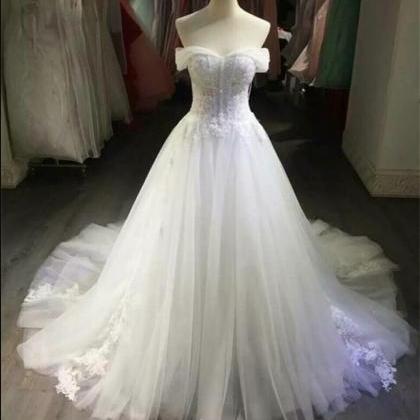 Off Shoulder White Tulle Lace Wedding Dresses..