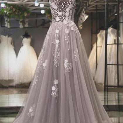 Silver Tulle Scoop Neck Long Prom Dresses 2020..