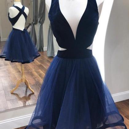 Custom Made Sexy Navy Blue Tulle Short Homecoming..