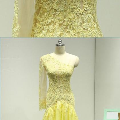 Yellow Tulle One Shoulder Mermaid Prom Dress With..