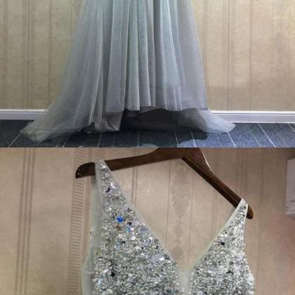 Charming Silver Tulle Long Prom Dresses Sweep..