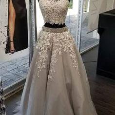 Silver High Neck Two Pieces Long Prom Dresses A..