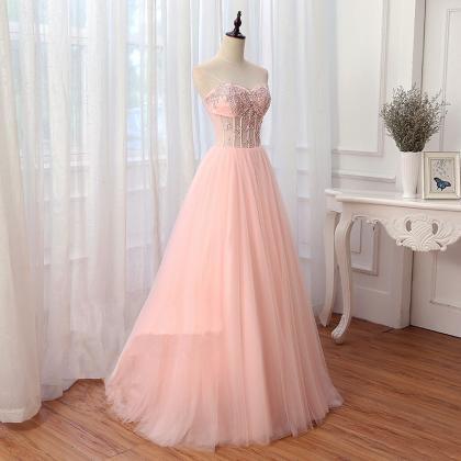 Sparkly Beaded Pink A Line Long Prom Dresses..