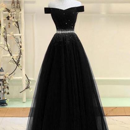 Black Tulle Beaded A Line Women Prom Dress 2020..